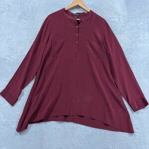 Eileen Fisher‎ Blouse Womens Large 100% Silk Long Sleeve Button Burgundy